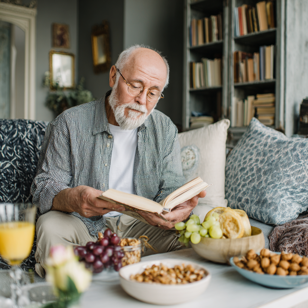 Happy middle-aged Ukrainian woman holding fresh vegetables and fruits, smiling in a bright kitchen setting