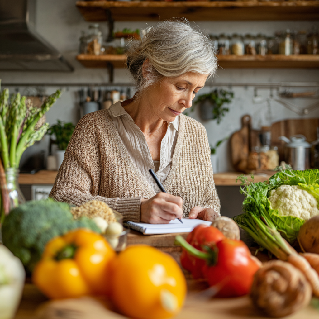 Elderly Ukrainian couple preparing plant-based protein-rich meal together, showing various legumes and grains on kitchen counter